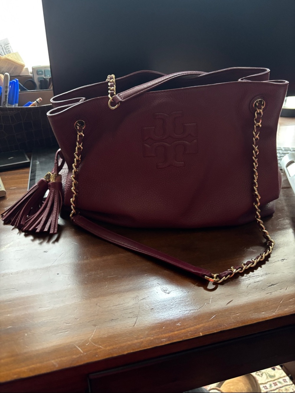 Tory Burch Burgundy Leather Chain-Trim Shoulder Bag with Tassel